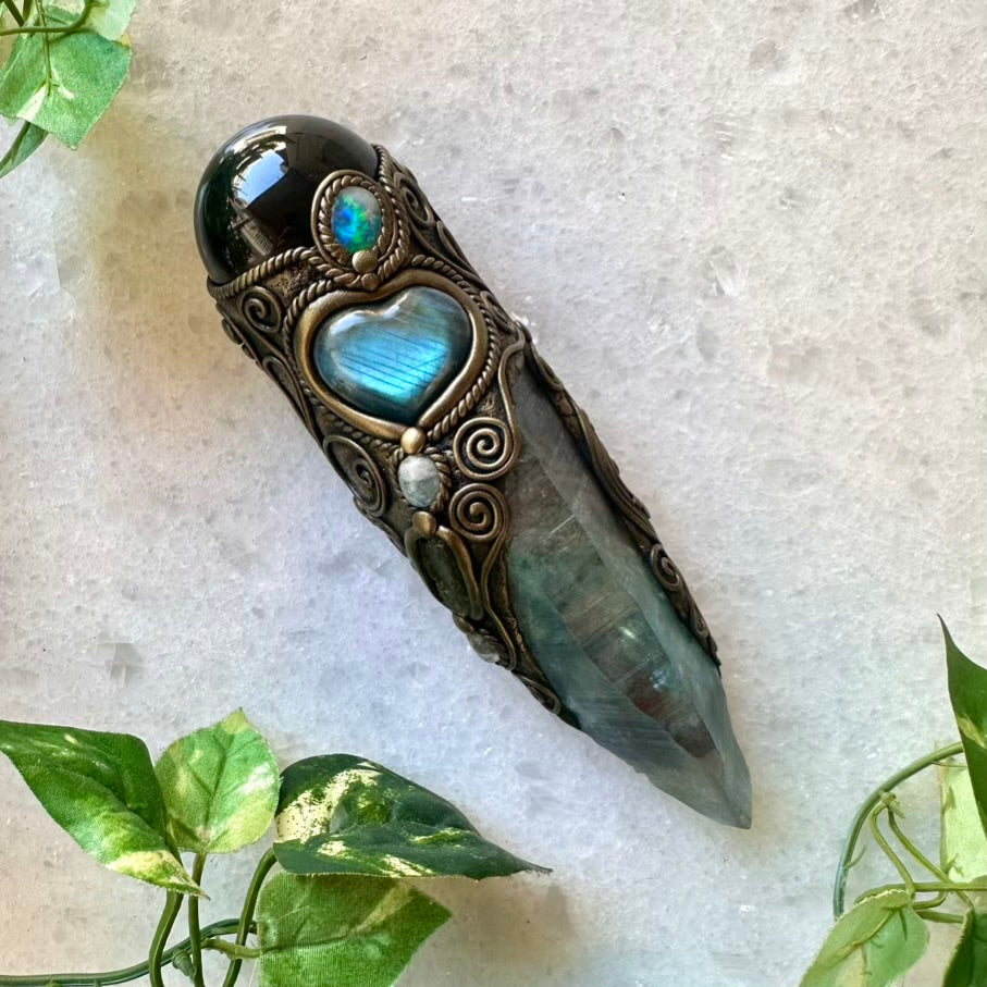 Large Aqua Aura Lemurian Quartz Obsidian Blue Labradorite Heart Australian Crystal Opal Moldavite Aquamarine and Clear Topaz Wand, Healing Crystal Tool - FairyGardenGlow