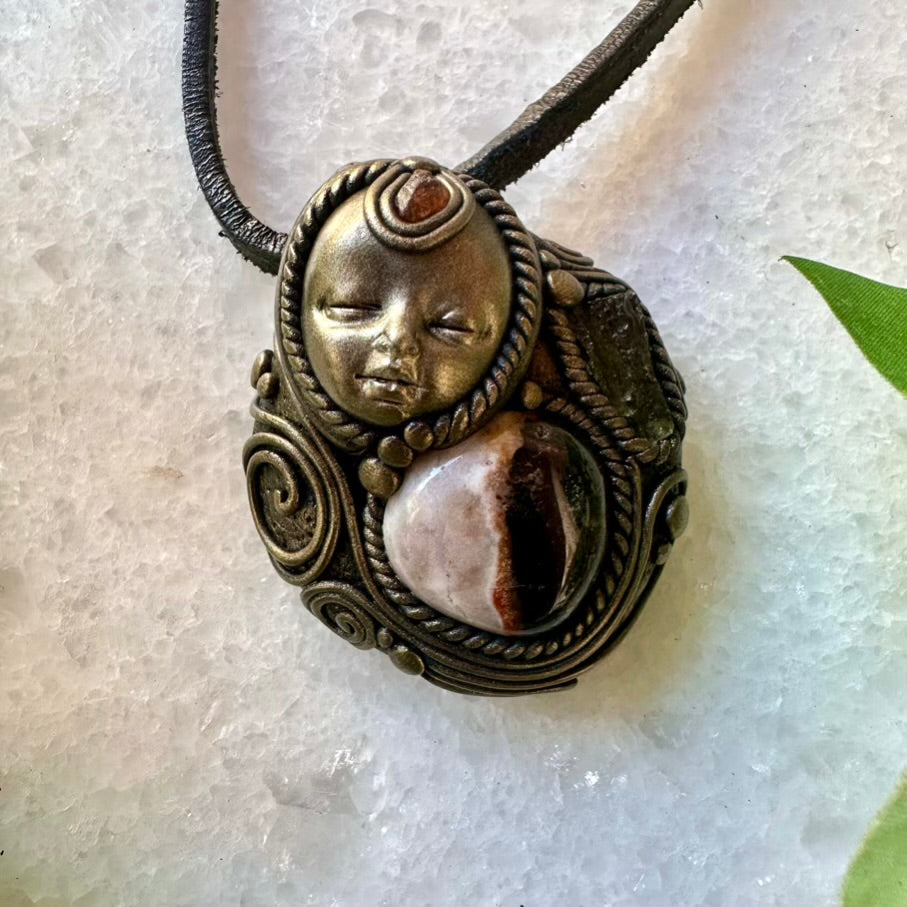 Sardonyx Moldavite and Hessonite Garnet Goddess Necklace - FairyGardenGlow