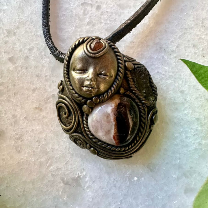 Sardonyx Moldavite and Hessonite Garnet Goddess Necklace - FairyGardenGlow