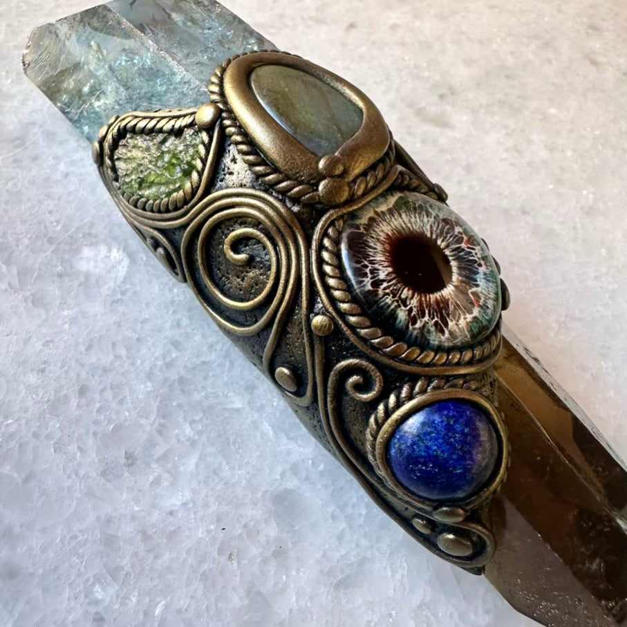 Aqua Aura Quartz Smoky Quartz Lapis Lazuli Labradorite Moldavite Third Eye Healing Crystal Wand - FairyGardenGlow