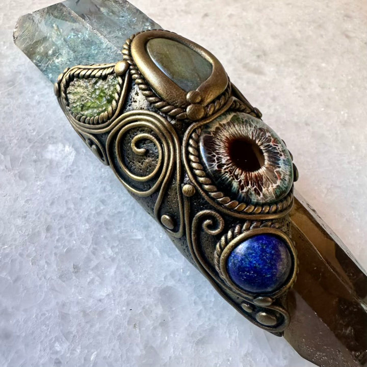 Aqua Aura Quartz Smoky Quartz Lapis Lazuli Labradorite Moldavite Third Eye Healing Crystal Wand - FairyGardenGlow