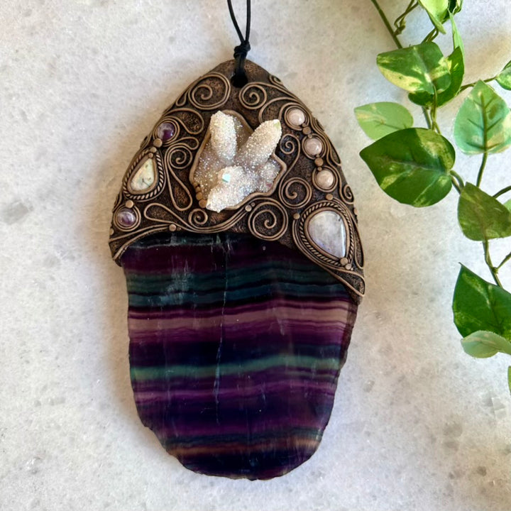 Handmade Wall Hanging, Unique Crystal Home Decor with Rainbow Fluorite Angel, Aura Spirit Quartz, Rainbow Moonstone, Morganite, Australian Opal and Amethyst - FairyGardenGlow