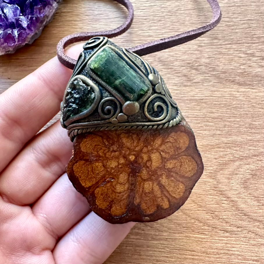 Ayahuasca Necklace, Green Tourmaline and Moldavite Pendant Necklace - FairyGardenGlow