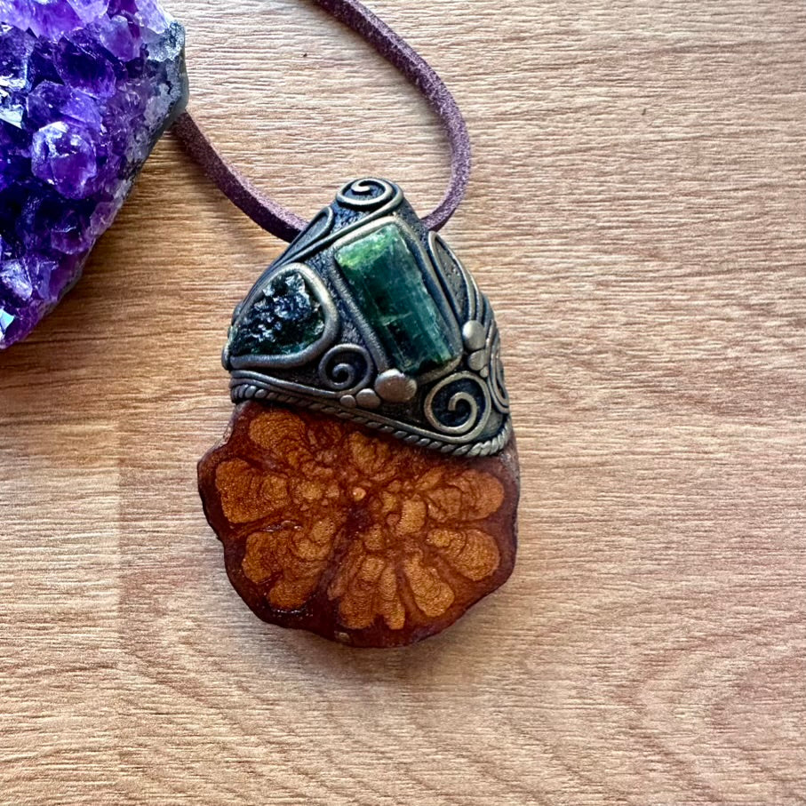Ayahuasca Necklace, Green Tourmaline and Moldavite Pendant Necklace - FairyGardenGlow