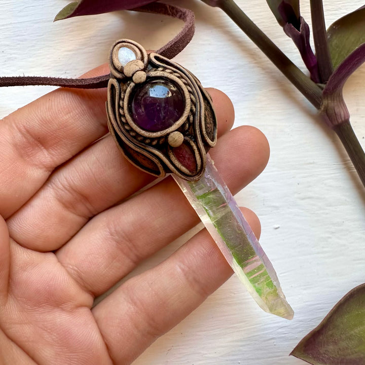 Angel Aura Quartz Amethyst Pink Tourmaline and Australian Opal Necklace - FairyGardenGlow