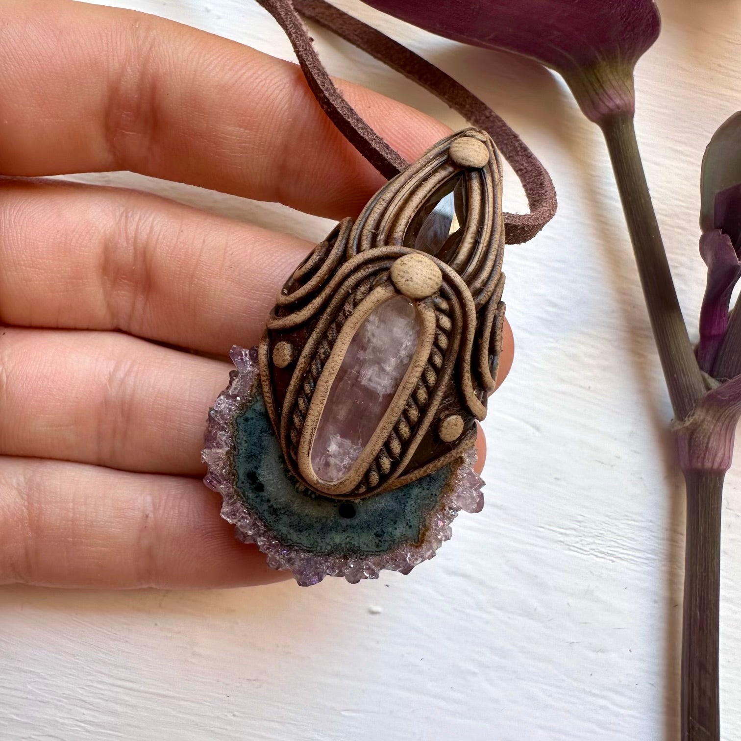 Amethyst Stalactite Kunzite and Smoky Quartz Necklace - FairyGardenGlow