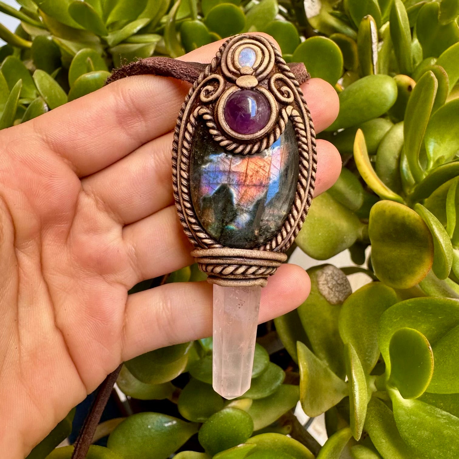 Labradorite Amethyst Rose Quartz and Australian Opal Doublet Wand/Pendant, Handmade Healing Crystal Wand - FairyGardenGlow