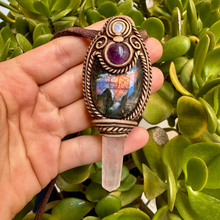 Labradorite Amethyst Rose Quartz and Australian Opal Doublet Wand/Pendant, Handmade Healing Crystal Wand - FairyGardenGlow