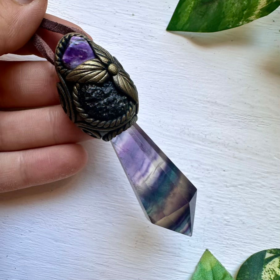 Rainbow Fluorite Moldavite and Charoite Healing Crystal Talisman - FairyGardenGlow