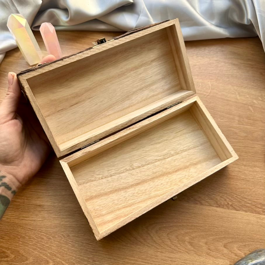 Wooden Box Decorated with Crystals, Handmade Crystal Box, Unique Home Decor with Crysocolla Malachite, Ayahuasca Slice, Labradorite, Atacama Opal, Blue Sapphire and Moldavite - FairyGardenGlow