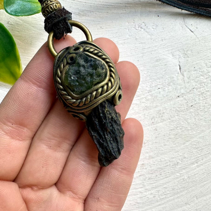 Handmade Moldavite and Tektite Necklace – Healing Crystal Pendant for Spiritual Growth and Energy Balance