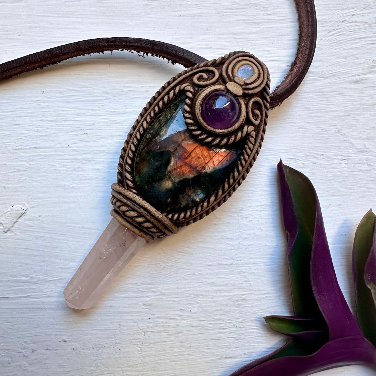 Labradorite Amethyst Rose Quartz and Australian Opal Doublet Wand/Pendant, Handmade Healing Crystal Wand - FairyGardenGlow