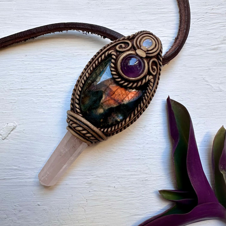 Labradorite Amethyst Rose Quartz and Australian Opal Doublet Wand/Pendant, Handmade Healing Crystal Wand - FairyGardenGlow