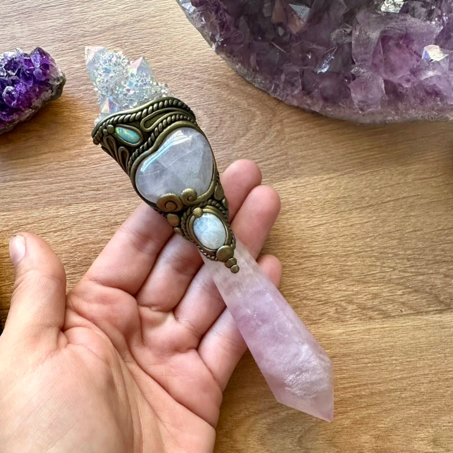 Lavender Fluorite Wand, Angel Aura Spirit Quartz, Rose Quartz Heart, Moonstone and Australian Opal Crystal Wand - FairyGardenGlow