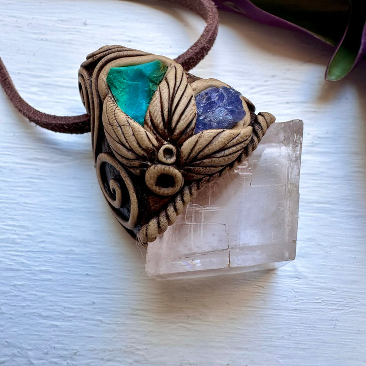 Clear Calcite Chrysocolla and Tanzanite Necklace - FairyGardenGlow
