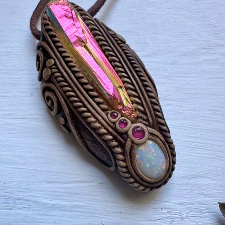 Sunset Aura Quartz Australian Opal and Ruby Necklace - FairyGardenGlow