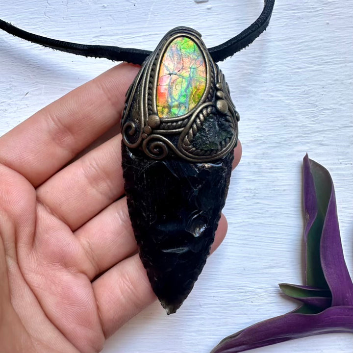 Black Obsidian Arrowhead Ammolite and Moldavite Wand/Necklace - FairyGardenGlow