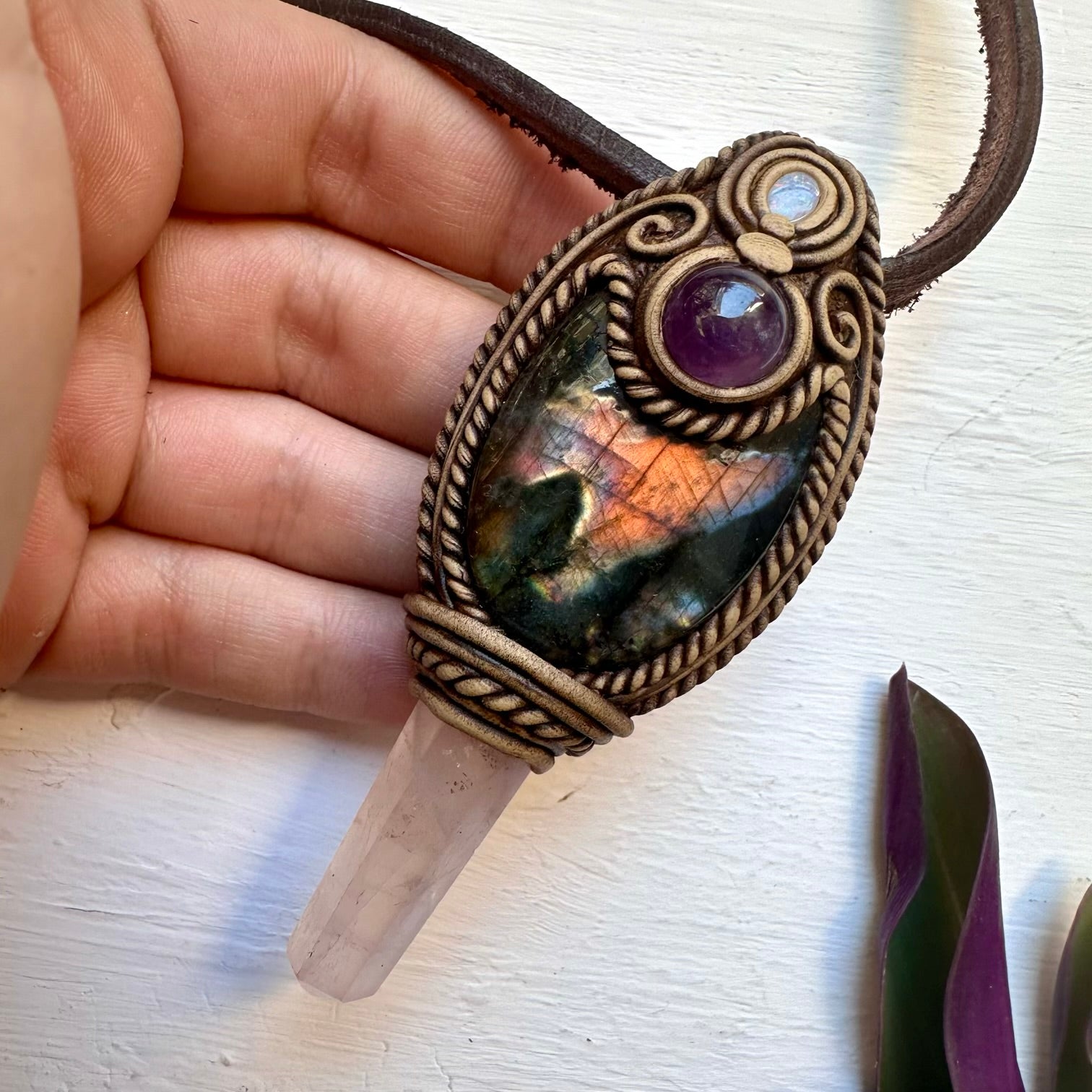 Labradorite Amethyst Rose Quartz and Australian Opal Doublet Wand/Pendant, Handmade Healing Crystal Wand - FairyGardenGlow