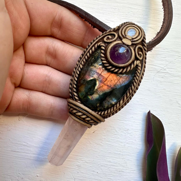 Labradorite Amethyst Rose Quartz and Australian Opal Doublet Wand/Pendant, Handmade Healing Crystal Wand - FairyGardenGlow