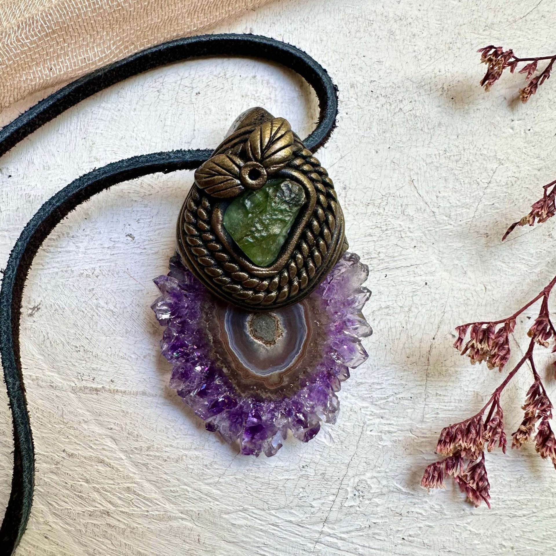 Amethyst Stalactite and Moldavite Necklace