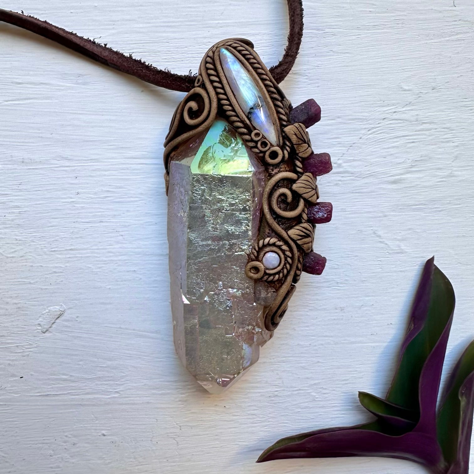 Angel Aura Quartz Ruby Moonstone and Australian Opal Wand / Pendant, Healing Crystal Handmade Wand - FairyGardenGlow
