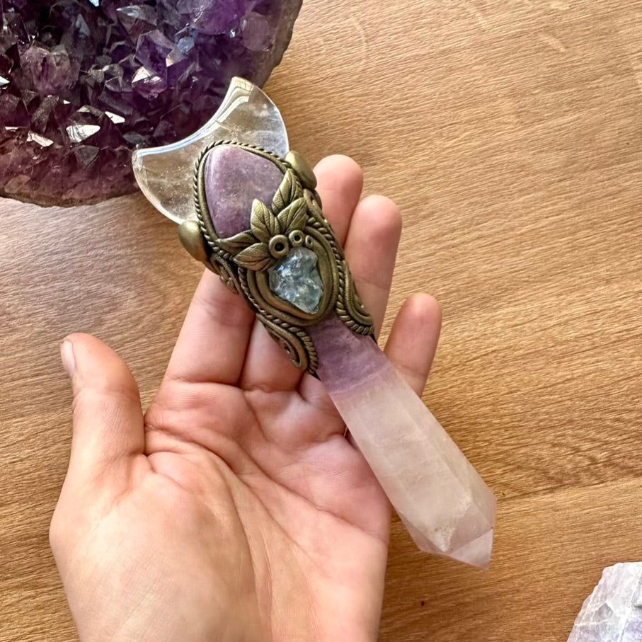 Lavender Fluorite Wand, Clear Quartz Moon, Lepidolite and Celestite Handmade Crystal Wand - FairyGardenGlow