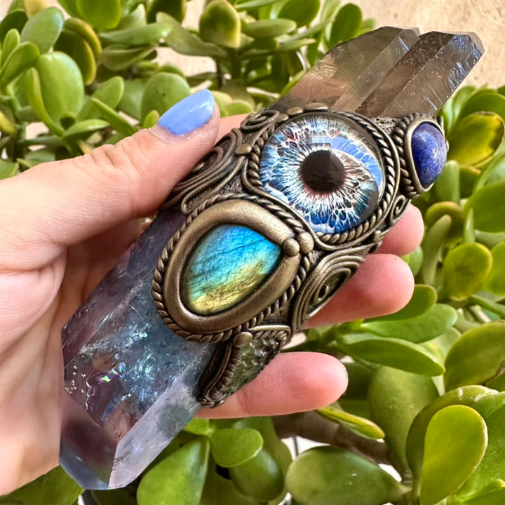 Aqua Aura Quartz Smoky Quartz Lapis Lazuli Labradorite Moldavite Third Eye Healing Crystal Wand - FairyGardenGlow