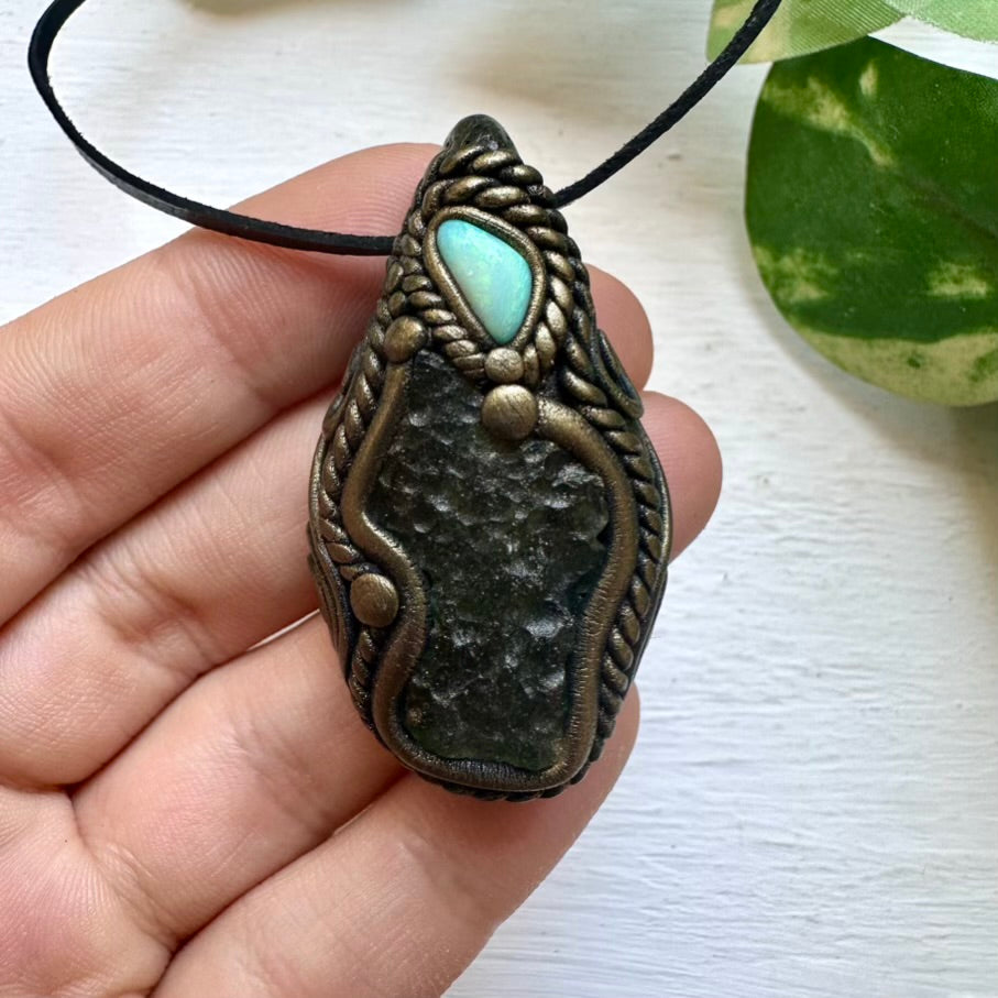 Moldavite and Australian Opal Necklace - FairyGardenGlow