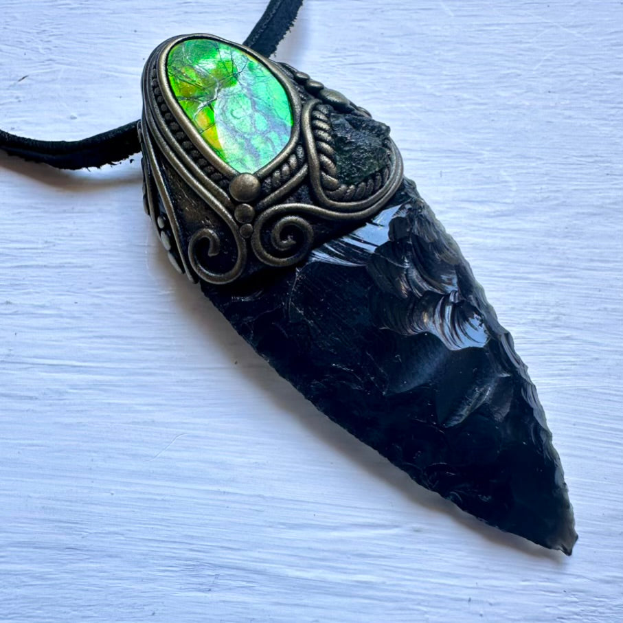 Black Obsidian Arrowhead Ammolite and Moldavite Wand/Necklace - FairyGardenGlow