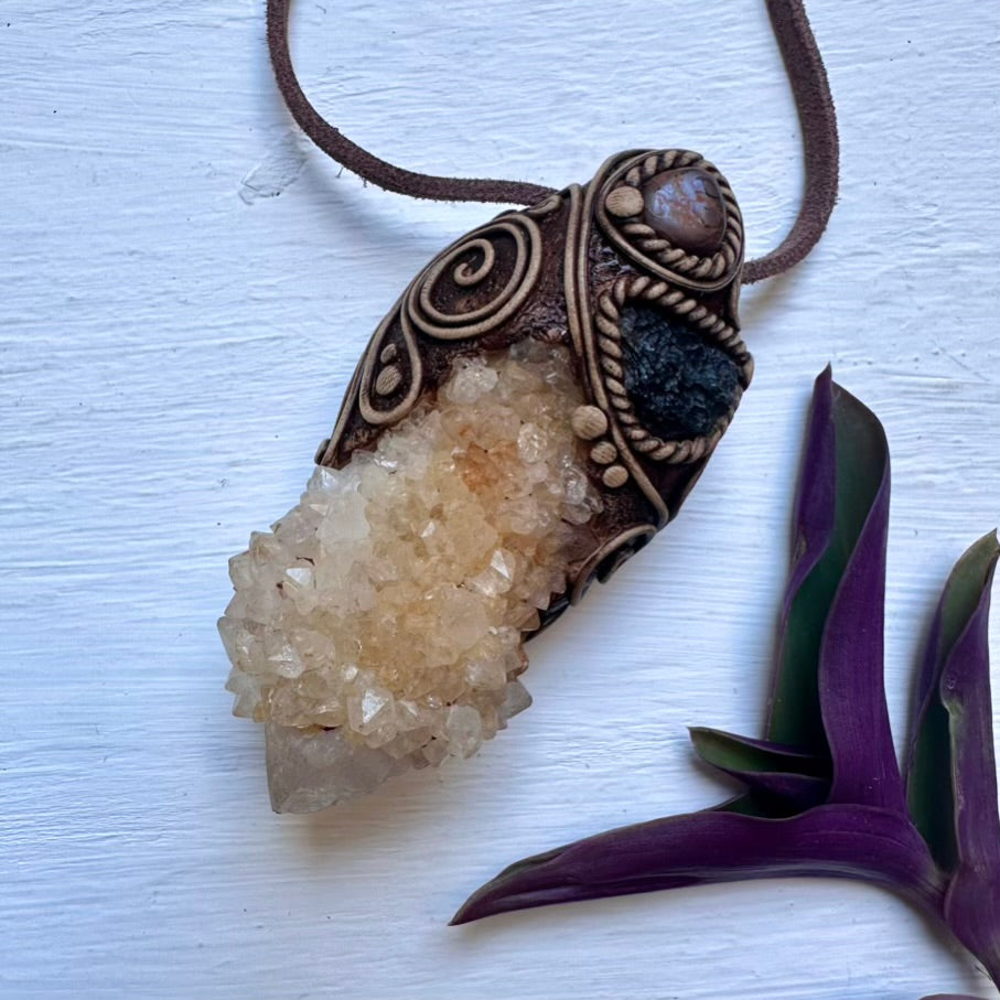 Spirit Quartz Moldavite and Boulder Opal Wand / Pendant - FairyGardenGlow