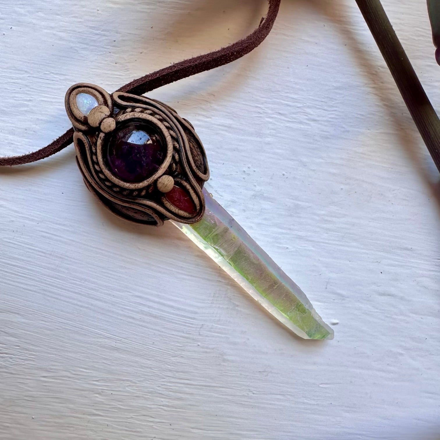 Angel Aura Quartz Amethyst Pink Tourmaline and Australian Opal Necklace - FairyGardenGlow