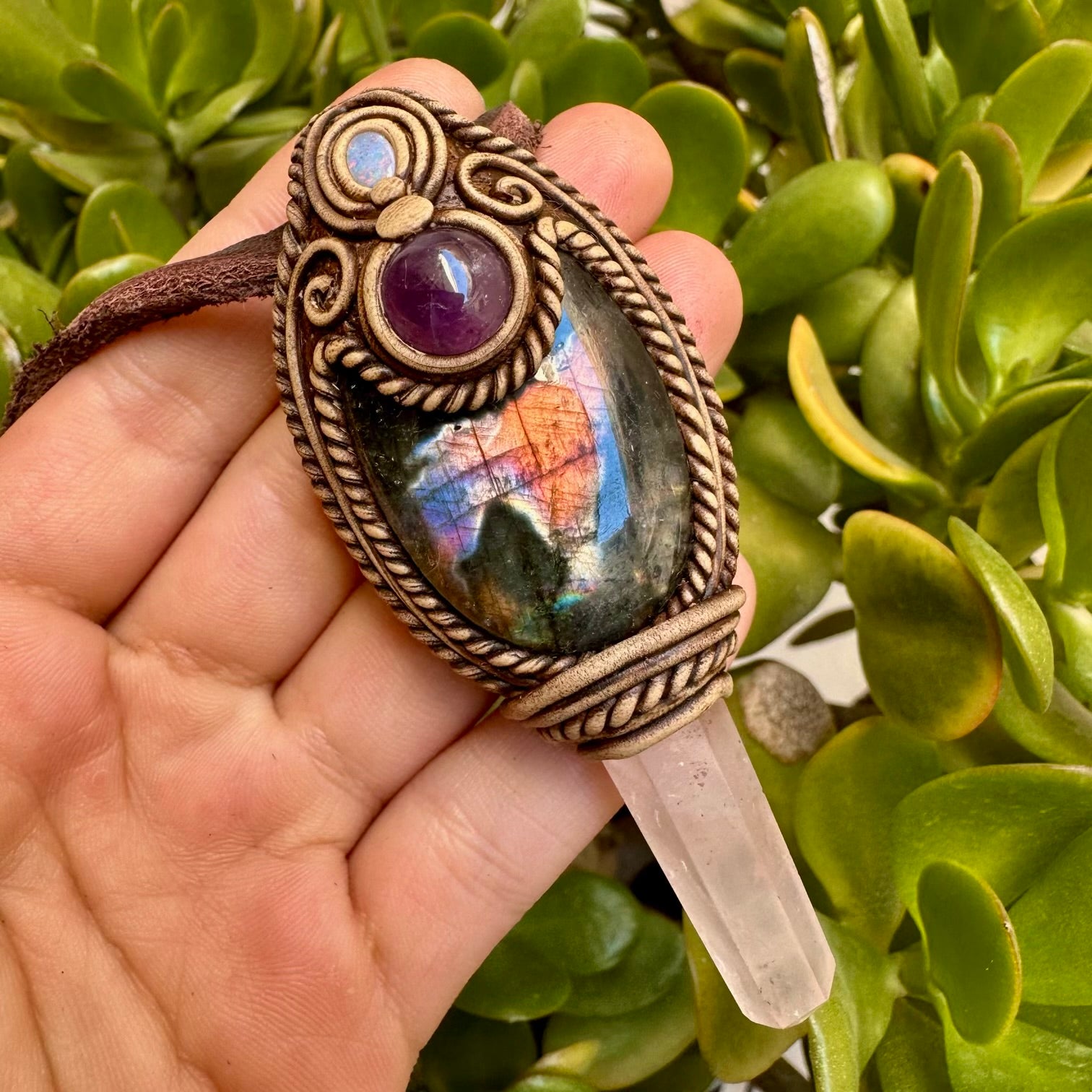 Labradorite Amethyst Rose Quartz and Australian Opal Doublet Wand/Pendant, Handmade Healing Crystal Wand - FairyGardenGlow