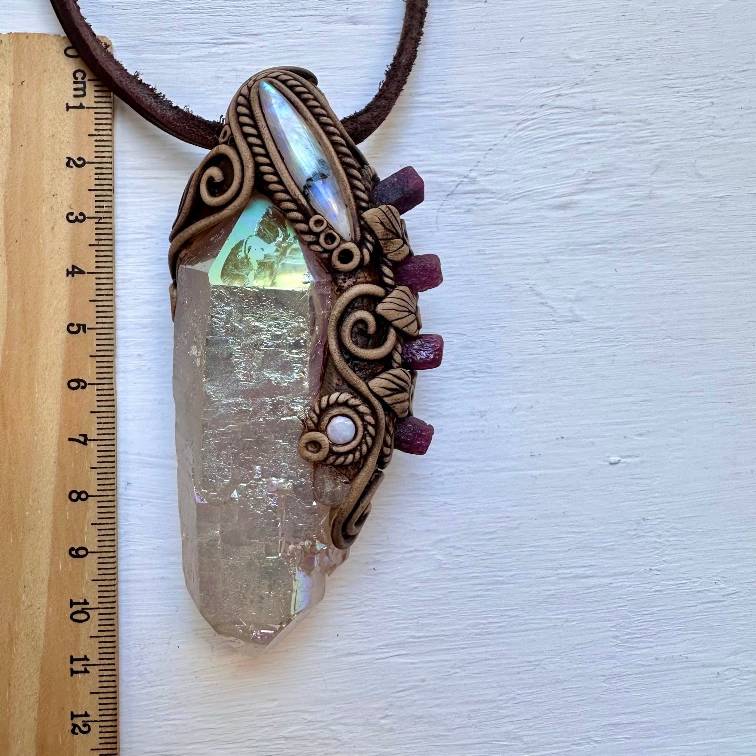 Angel Aura Quartz Ruby Moonstone and Australian Opal Wand / Pendant, Healing Crystal Handmade Wand - FairyGardenGlow