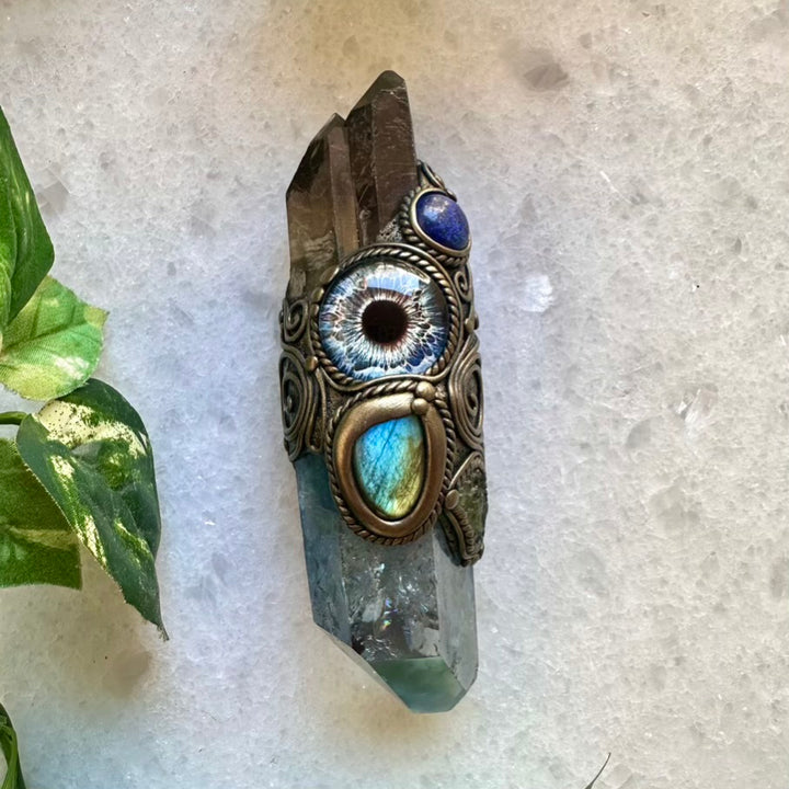 Aqua Aura Quartz Smoky Quartz Lapis Lazuli Labradorite Moldavite Third Eye Healing Crystal Wand - FairyGardenGlow