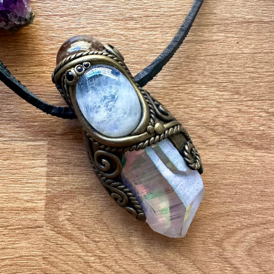 Angel Aura Quartz Smoky Quartz Sphere Moonstone and Blue Sapphire Healing Crystal Talisman - FairyGardenGlow