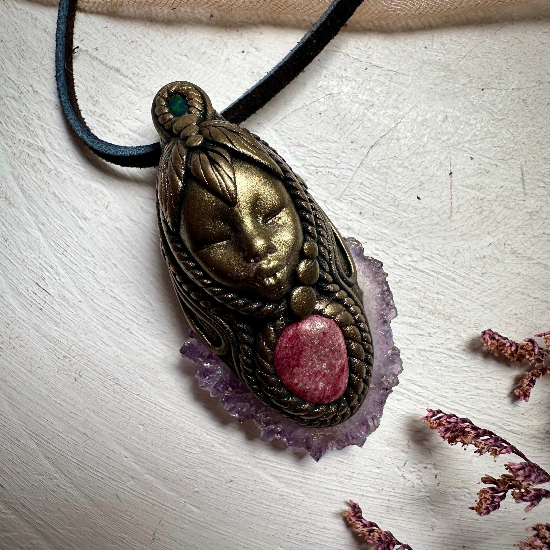 Amethyst Stalactite Thulite and Black Opal Goddess Necklace - FairyGardenGlow