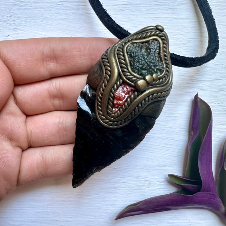 Black Obsidian Arrowhead Moldavite and Vanadinite Pendant Necklace, Healing Crystal Jewelry - FairyGardenGlow