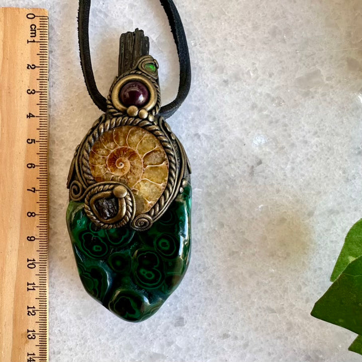 Malachite Ammonite Moldavite Black Tourmaline Ruby and Opal Wand / Healing Crystal Talisman - FairyGardenGlow