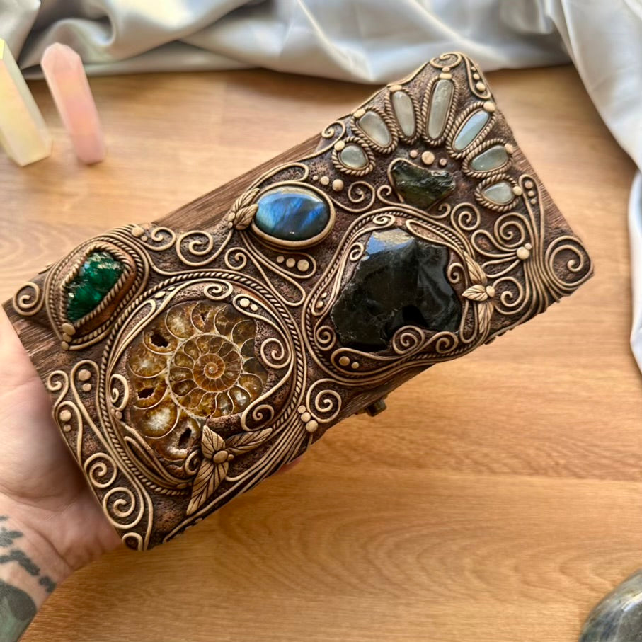 Wooden Box decorated with Crystals, Unique Handmade Tarot Box, Jewelry Box - Home Decor / Ammonite, Black Obsidian, Labradorite, Dioptase, Moldavite and Aquamarine - FairyGardenGlow