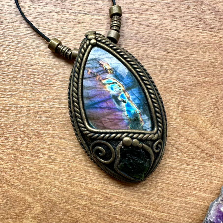Purple Labradorite and Moldavite Necklace, Handmade Protection Amulet - FairyGardenGlow
