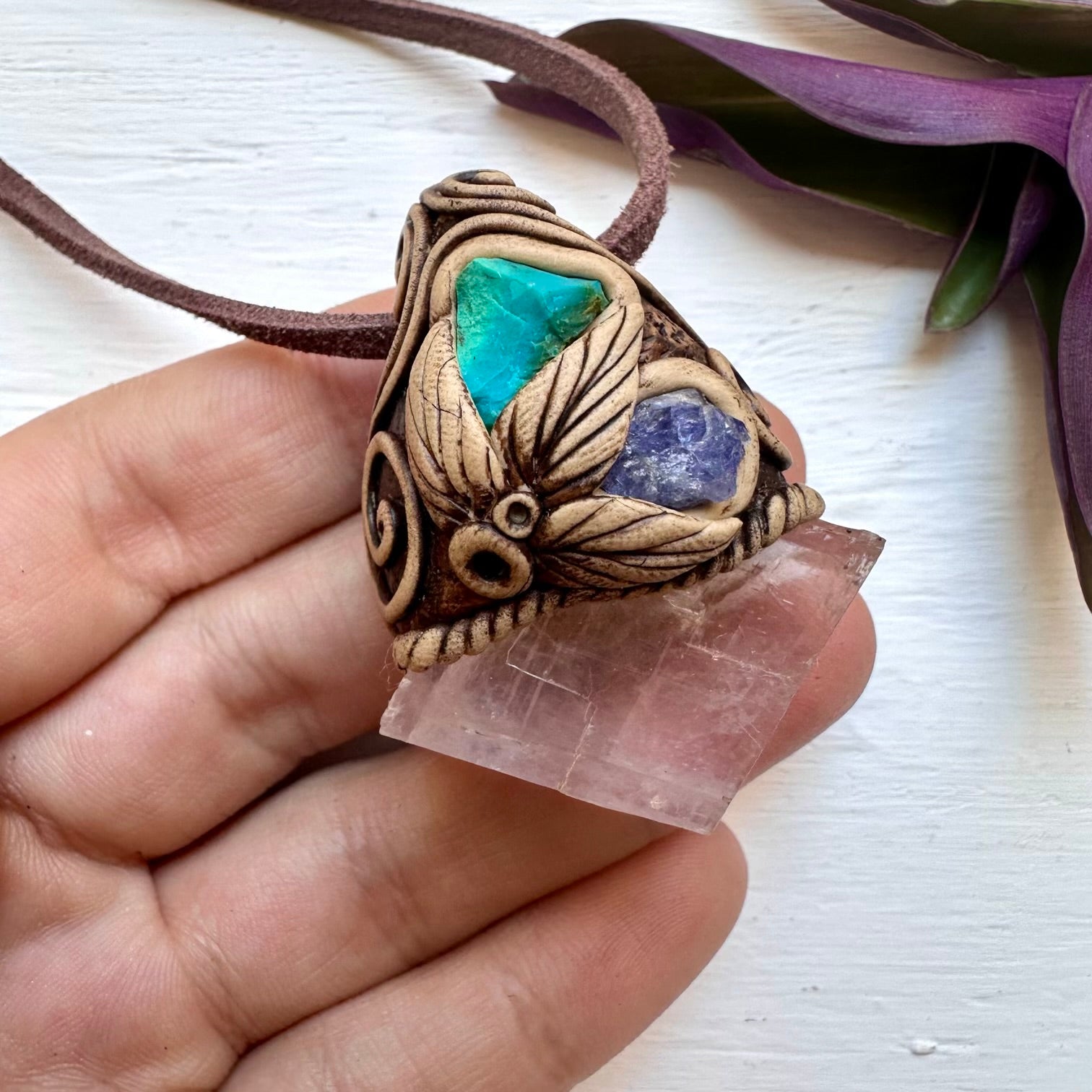 Clear Calcite Chrysocolla and Tanzanite Necklace - FairyGardenGlow