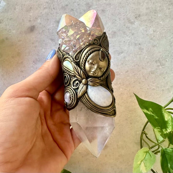 Clear Quartz Angel Aura Spirit Quartz Moonstone Australian Opal Amethyst Tanzanite and Garnet Goddess Necklace - FairyGardenGlow