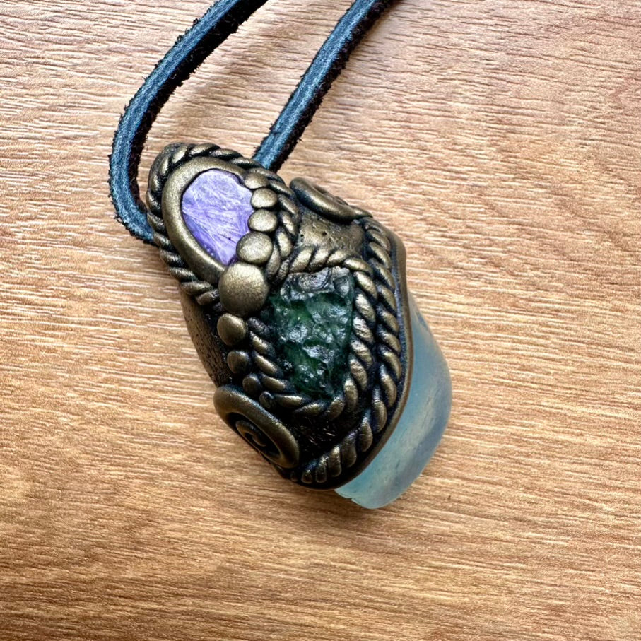 Aquamarine Charoite and Moldavite Necklace, Handmade Crystal Jewelry - FairyGardenGlow
