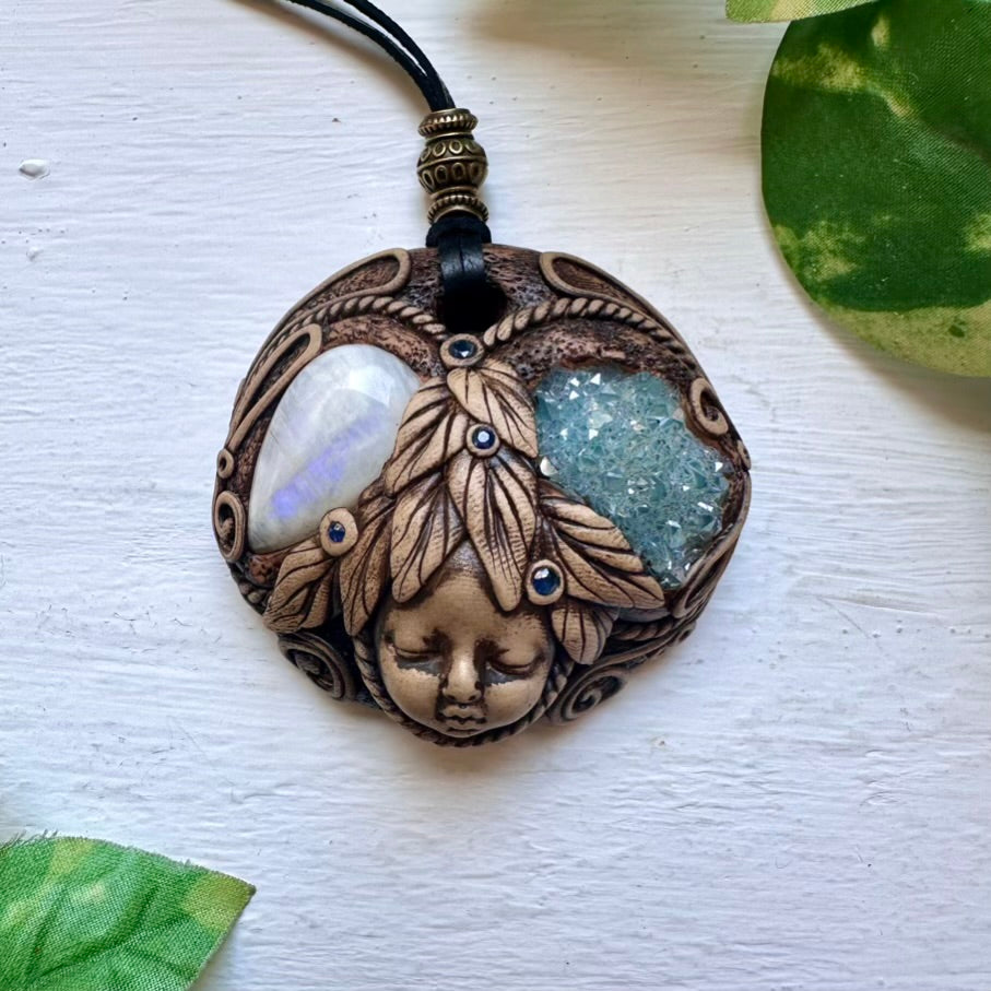 Handmade Goddess Crystal Necklace with Aqua Aura Quartz Moonstone and Blue Sapphire - FairyGardenGlow