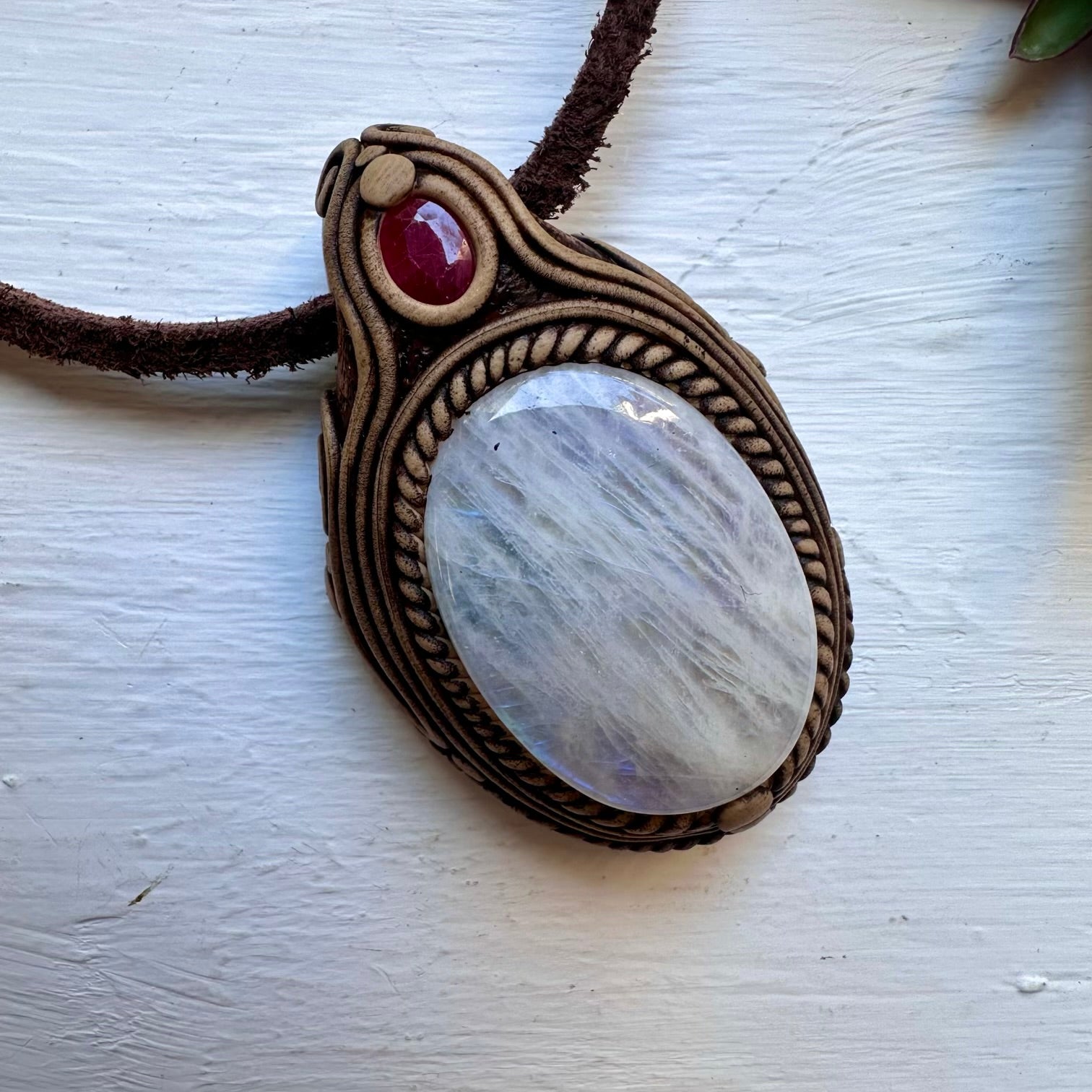 Rainbow Moonstone and Ruby Necklace - FairyGardenGlow