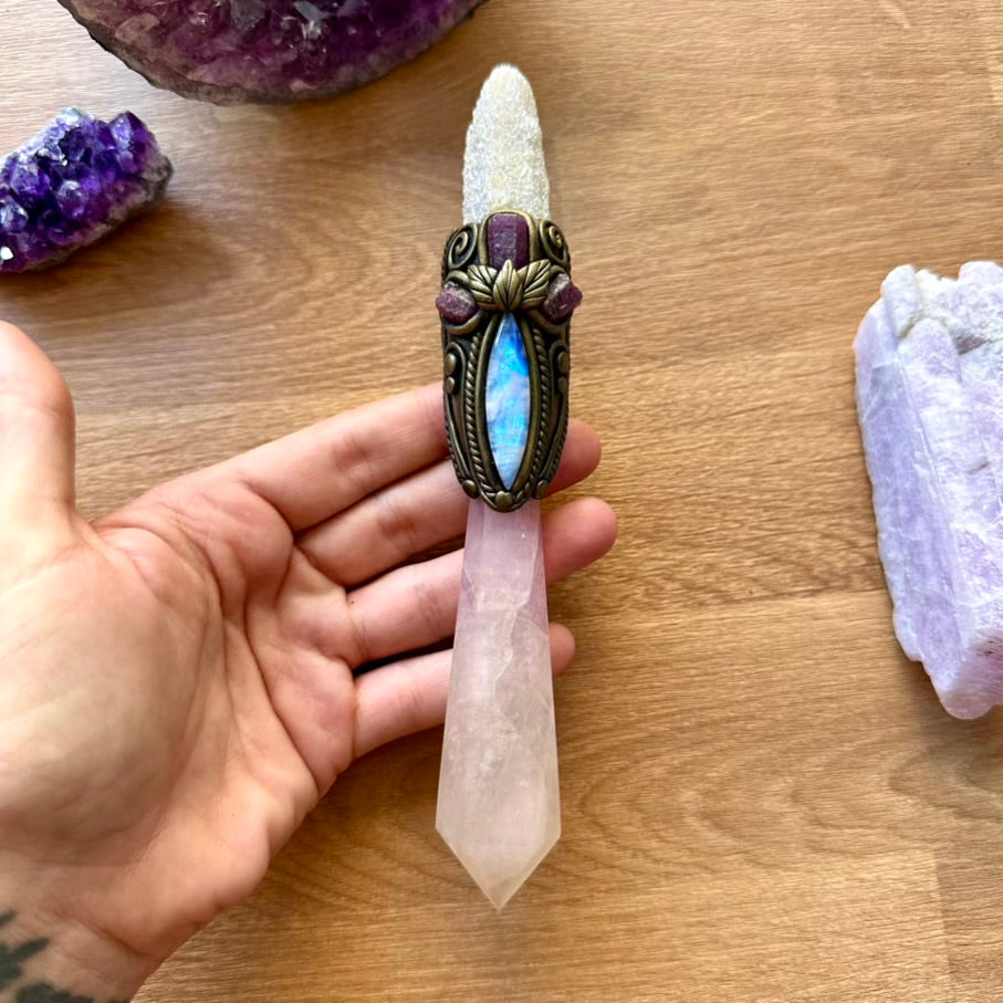 Lavender Fluorite Wand, Rainbow Moonstone, Ruby and Angel Aura Spirit Quartz Crystal Wand - FairyGardenGlow