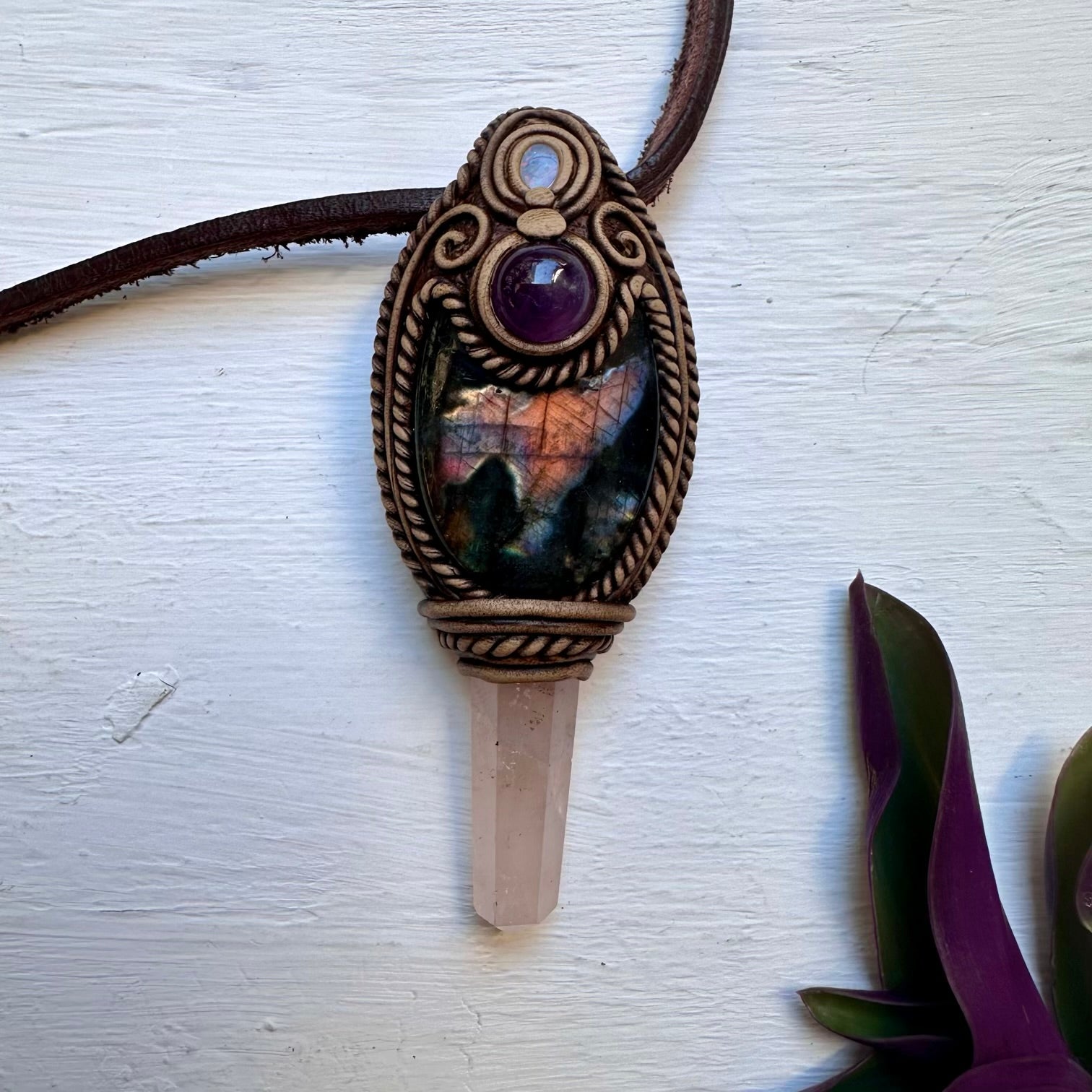 Labradorite Amethyst Rose Quartz and Australian Opal Doublet Wand/Pendant, Handmade Healing Crystal Wand - FairyGardenGlow