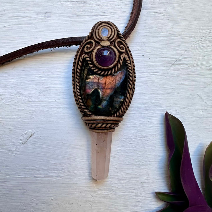 Labradorite Amethyst Rose Quartz and Australian Opal Doublet Wand/Pendant, Handmade Healing Crystal Wand - FairyGardenGlow