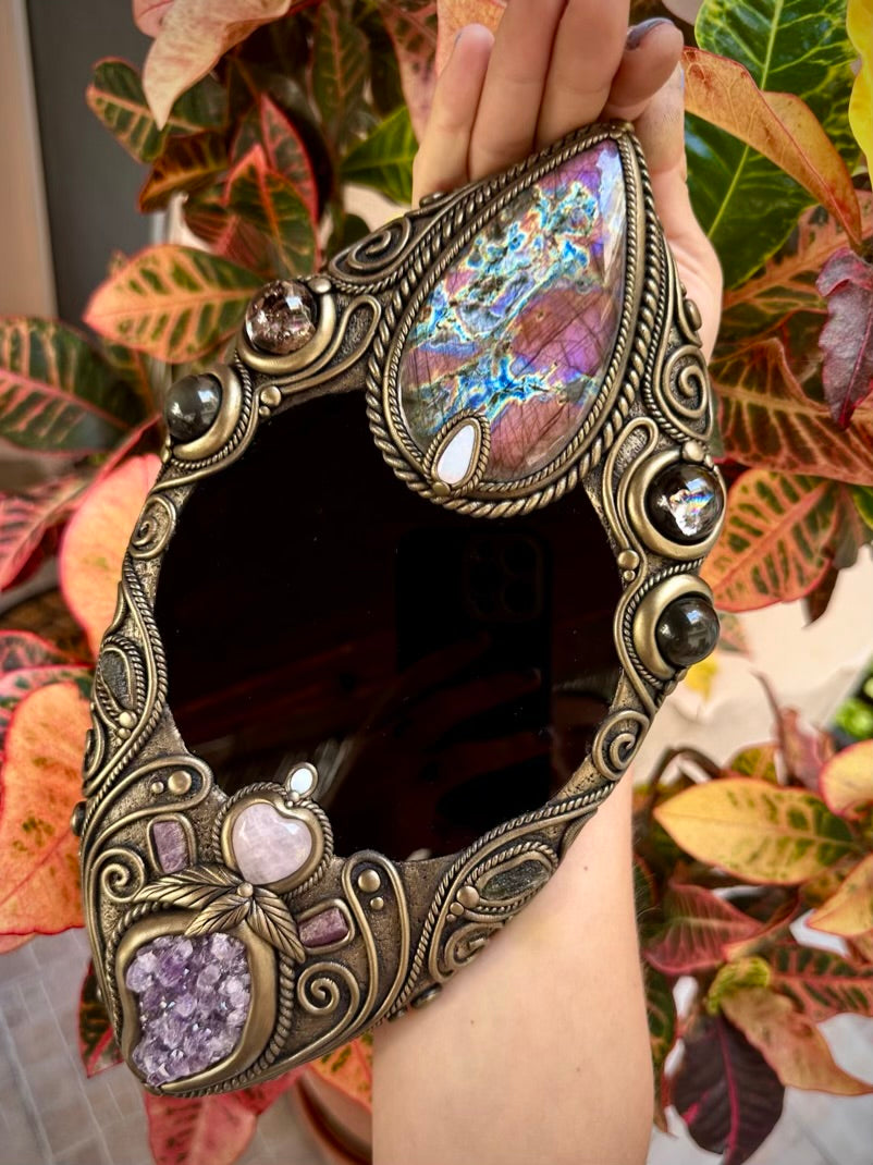 Crystal Wall Hanging - Handmade Unique Crystal Home Decor Art, with Black Obsidian Mirror, Large Purple Labradorite, Rainbow Obsidian, Smoky Quartz, Amethyst Cluster, Rose Quartz Heart, Moldavite, Ruby and Australian Opal - FairyGardenGlow