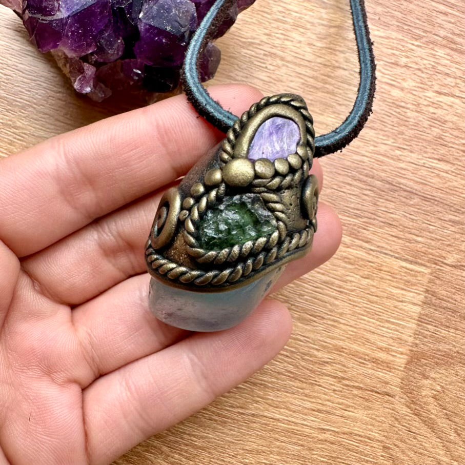 Aquamarine Charoite and Moldavite Necklace, Handmade Crystal Jewelry - FairyGardenGlow